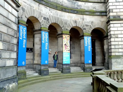 Talbot Rice Gallery colonnade arches and banners